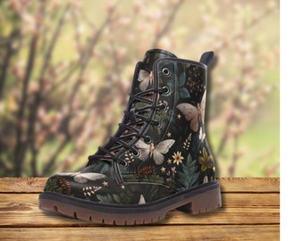 NIGHT GARDEN Vegan Leather Combat Boots, Mystical Moth Vegan Leather Lightweight Combat ,Witchy Women Gift, Whimsigoth Combat Boots