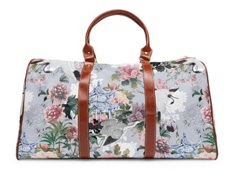 JAPANESE GARDEN Travel Luggage Bag with Exquisite Peony Blooms among Birds & Pagodas, Floral Crane Waterproof Travel Bag, Carry On Fight Bag