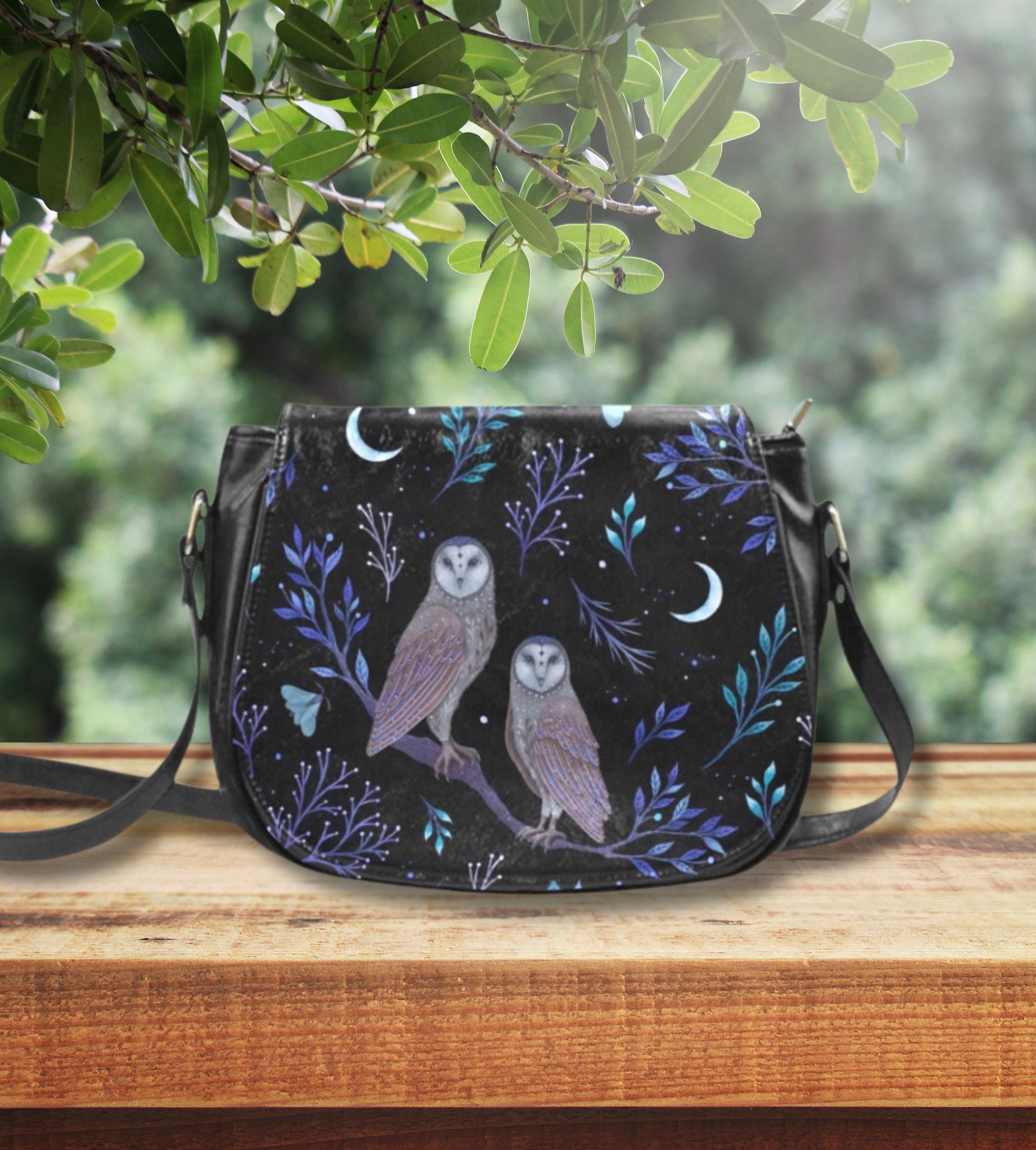 MYSTICAL OWLS Crossbody Saddle Bag, Witchy Small Shoulder Bag, Dark Cottagecore Crossbody Purse, PU 