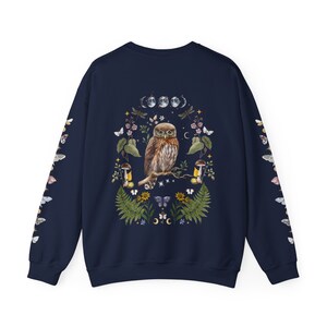 MYSTICAL WOODLAND Sweatshirt with Owl design on the back Frog on the front and Butterflies on Sleeves, Cottagecore Sweater for Nature Lovers Navy