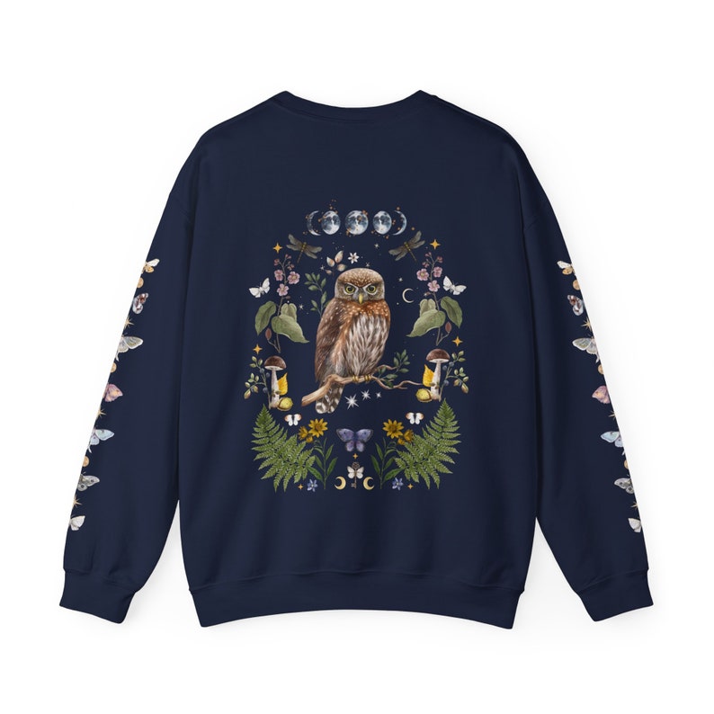 MYSTICAL WOODLAND Sweatshirt with Owl design on the back Frog on the front and Butterflies on Sleeves, Cottagecore Sweater for Nature Lovers Navy