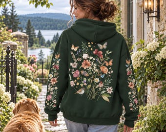 Wildflowers & Butterflies Zip up Hoodie with Floral Sleeves, Pressed Flowers Hooded Sweatshirt, Garden Lover Gift, Cottagecore Jacket