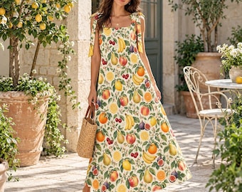 TROPICAL FRUITS Long dress with shoulder straps, Garden Party style Dress, Cottagecore Tie Shoulder Maxi Dress, Ankle Length Summer Sundress