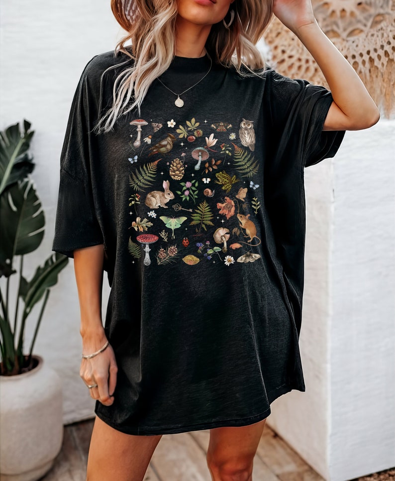 Woodland Wonders: NATURE T-shirt featuring Owl Bird Rabbit Frog Butterflies Mushrooms & Fern, Cottagecore Botanical Shirt, Forest shirt imagen 2