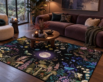 MIDNIGHT GARDEN Living Room Rug with Mushrooms Flowers Moth & Full Moon, WITCHY Eclectic Home Decor Dark Cottagecore Botanical Bedroom Decor