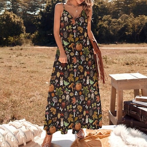 AUTUMN LEAVES Sling Dress, COTTAGECORE Botanical Dress with Leaves Mushrooms Butterflies & Mouse, Witchy Dress, Garden Party Style Dress