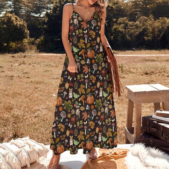 AUTUMN LEAVES Sling Dress, COTTAGECORE Botanical Dress With Leaves  Mushrooms Butterflies & Mouse, Witchy Dress, Garden Party Style Dress - Etsy