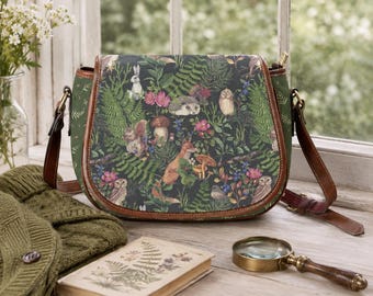 Woodland Animals Crossbody Bag, Forest Fox Owl Rabbit Purse, Cottagecore Saddle Bag, Mushroom Forest Shoulder Bag Fairycore Woodland Handbag