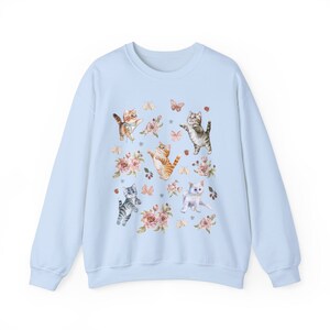 COQUETTE KITTENS Sweatshirt, COTTAGECORE Sweater, Cute Cats Shirt, Boho Floral Shirt, Spring Sweatshirt, Nature Lover gift, Cat Lover Gift Light Blue