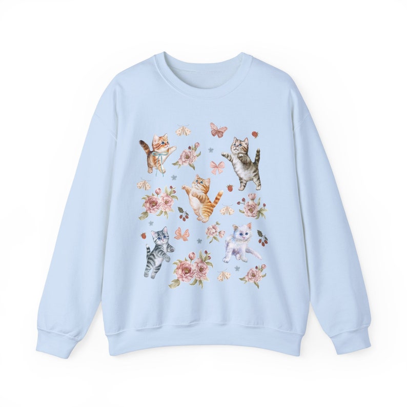 COQUETTE KITTENS Sweatshirt, COTTAGECORE Sweater, Cute Cats Shirt, Boho Floral Shirt, Spring Sweatshirt, Nature Lover gift, Cat Lover Gift Light Blue