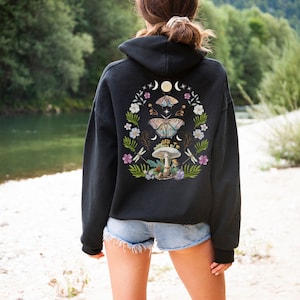 Magic MUSHROOMS Wild FLOWERS & BUTTERFLIES Cottagecore Zip Up Hoodie, Fungi Zipper, Mystical Floral Moth Fairycore Jacket, Botanical Hoodie