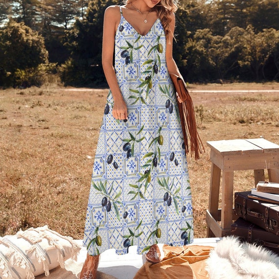 Olives Tiles Blue Ornaments Pattern Dress, Portuguese Sling Dress, Ankle Length Sundress, Mediterranean Maxi Dress, Italy inspired Sun Dress