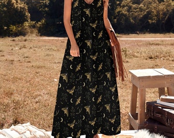 DEATH HEAD HAWKMOTH Maxi Dress, Moth & Moon Witchy Dress, Mystical Moth Sundress, Witchcore Dress, Fairy Grunge Maxi Dress, Whimsigoth Dress