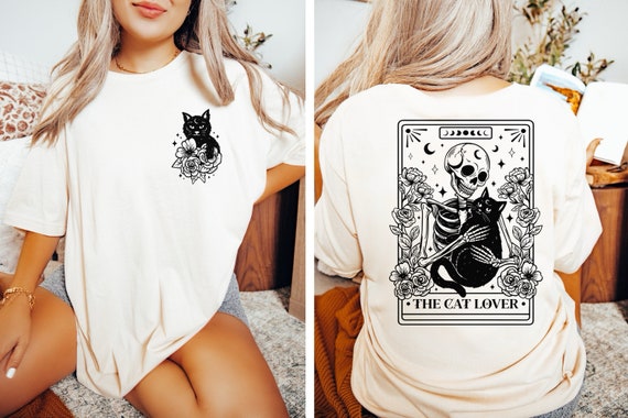 The CAT LOVER Funny Tarot Card T-shirt, Black Cat Shirt, Back & Front Design, Skeleton Shirt, Witchy T-Shirt, Tattoo Styled Shirt
