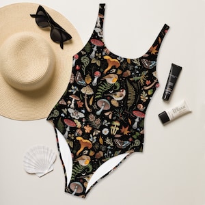 ENCHANTED FOREST One-piece Swimsuit with Birds Butterflies Mushrooms Fern Print, Botanical Swimming Suit, Mystical Woodland Swimsuit