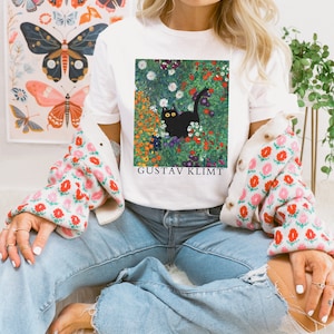 COTTAGE GARDEN CAT T-shirt, Gustav Klimt inspired Shirt, Klimt Garden Black Kitten shirt, Floral Cat Shirt, Art Lover Gift, Cat Mama Gift
