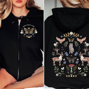 Mystical FOREST ANIMALs Cottagecore Zip Up Hoodie, Floral Butterfly Jacket, Reindeer Wolf Back Design Goblincore Hoodie for Nature Lovers