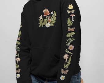 Sudadera con capucha COTTAGECORE BOTANICAL con estampado de setas de helecho, mariposas, mantis religiosa, insectos, ranas y flores, sudadera con capucha Forestcore