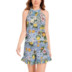 MALTA Tie Neck Halter Top and Ruffle Hem Short Set, SICILIA Women’s Fashion Soft two pieces suit, Mediterranean Set with Flowers Lemon Fruit