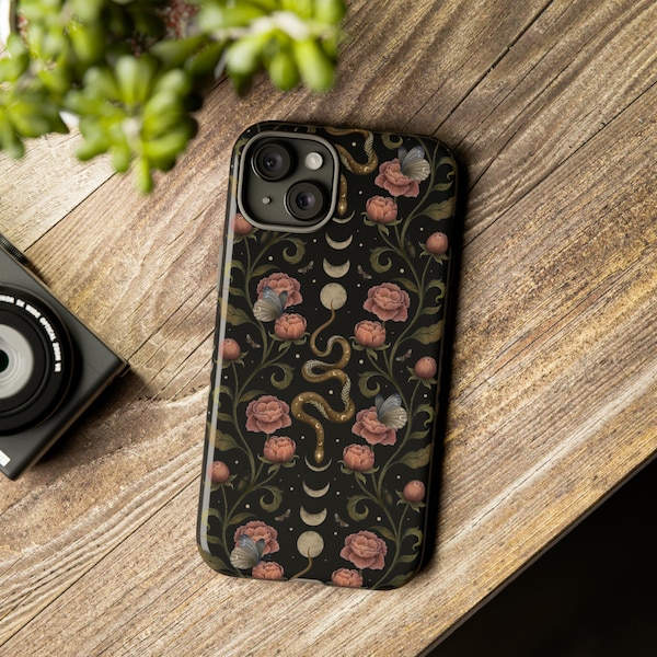 FLORAL SNAKE Witchy Tough Cell Phone Case, Whimsigoth Smartphone Case with Magical Moon Snakes and Centipede, iPhone, Google, Samsung Galaxy