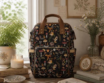 Mochila MÁGICA Forestcore Cottagecore, bolso cambiador con estampado de setas y flores silvestres, bolso estilo Dark Academia inspirado en la naturaleza, mochila Goblincore