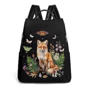 FOREST FOX Sac à dos antivol en cuir végétalien, parfait pour les excursions d'une journée, sac à dos en cuir synthétique pour renard et mites mystiques, cartable à imprimé animal
