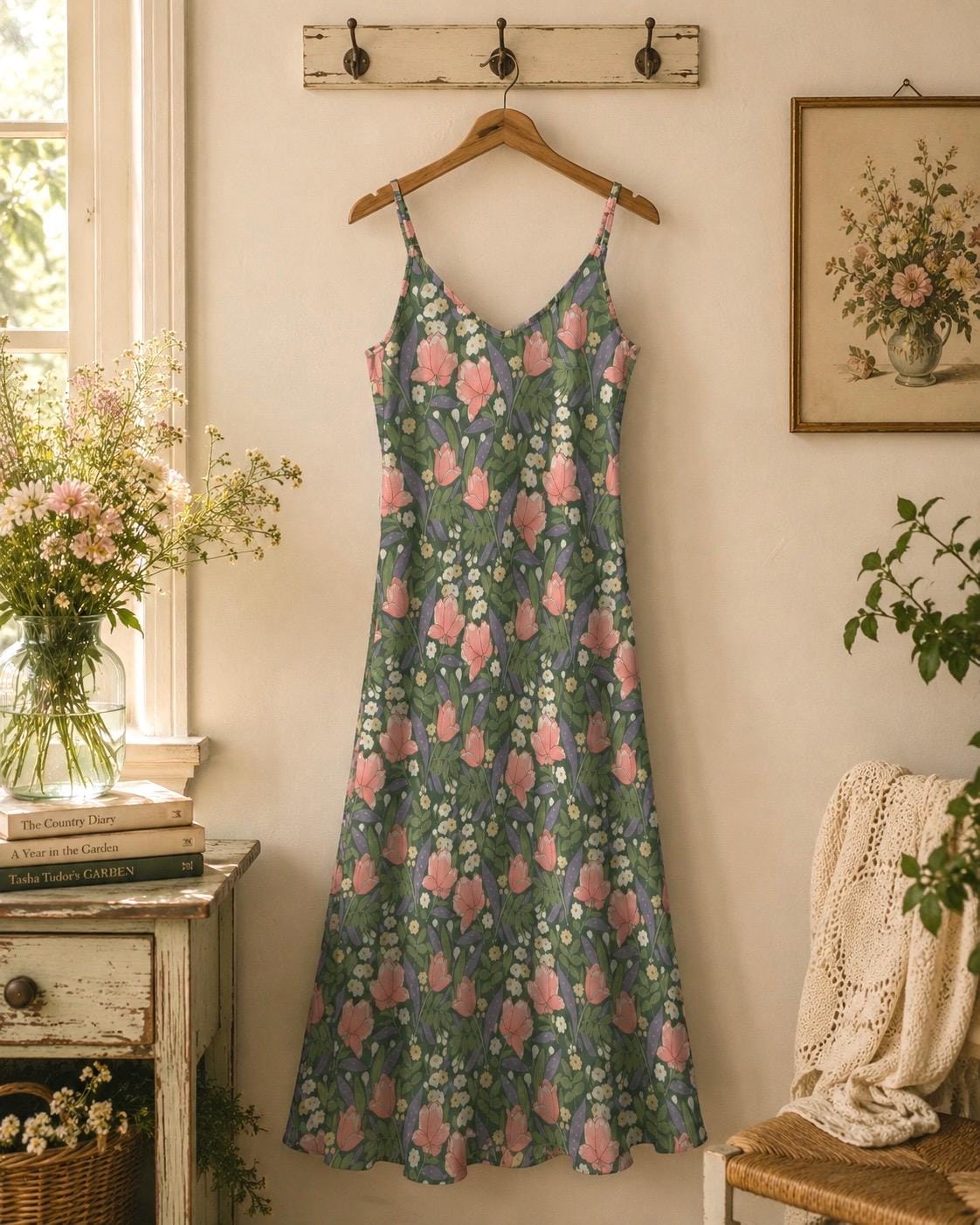 COTTAGECORE FLORAL Summer Dress, TULIPS Ankle Length Dress