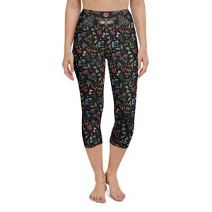 Dark Cottagecore Capri Leggings with Death Head Hawkmoth Flowers & Mysticism, Mystical Witchy Leggings, Enchanting Fall Fashion