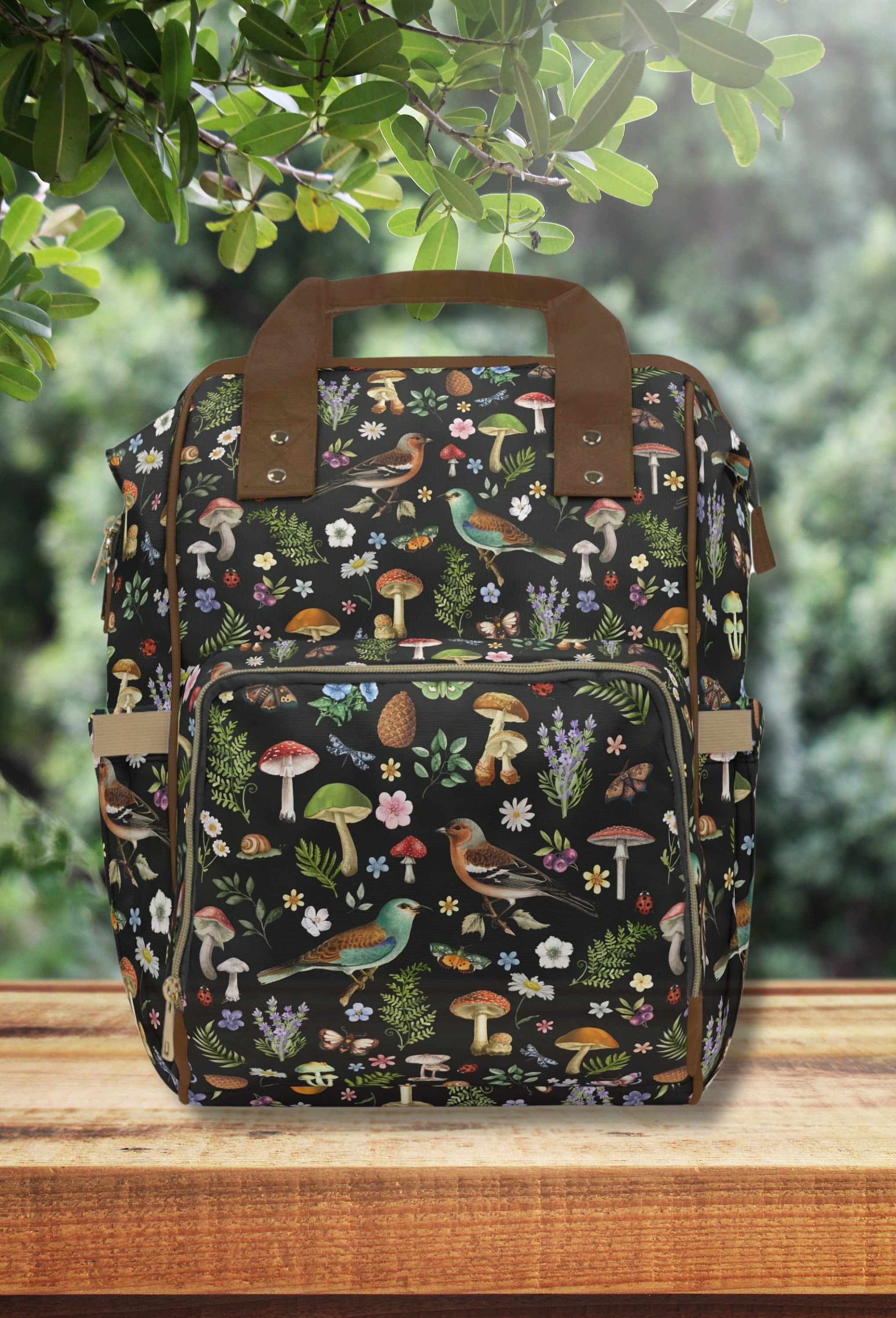FOREST BIRDS & Vintage MUSHROOMS Botanical Diaper Backpack for Nature Lovers, Dark Woodland Backpack, Floral Birds Cottagecore Diaper Bag