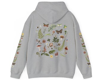 COTTAGECORE BOTANICAL Hooded Sweatshirt With Fern Mushrooms