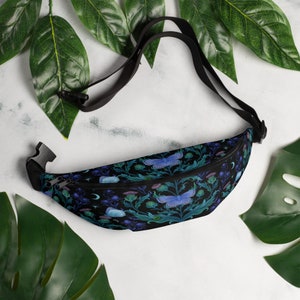 BLUE MOTH & THISTLE Fanny Pack, Nature inspired Waterproof Crossbody Bag with Moon Moth and Thistle Cottagecore Floral Crossbody Waist Pouch