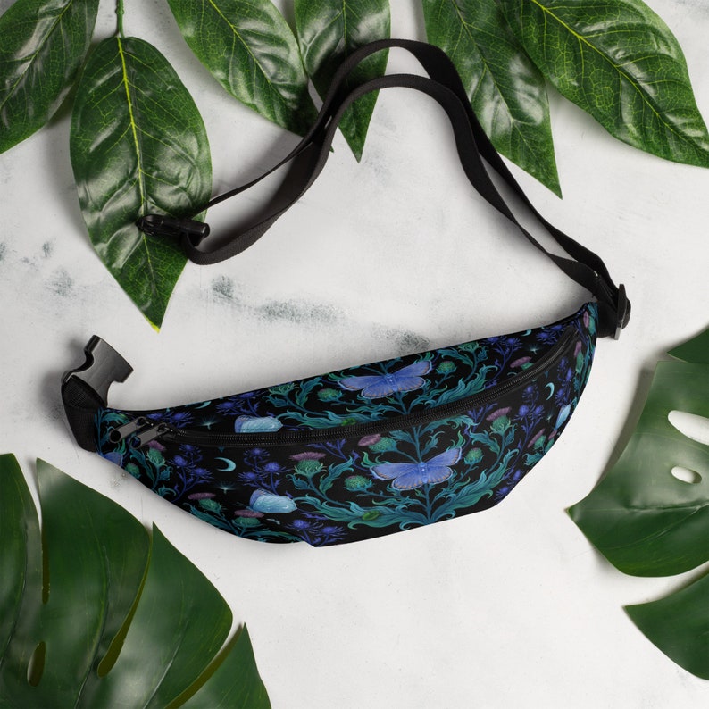 BLUE MOTH & THISTLE Fanny Pack, Nature inspired Waterproof Crossbody Bag with Moon Moth and Thistle Cottagecore Floral Crossbody Waist Pouch