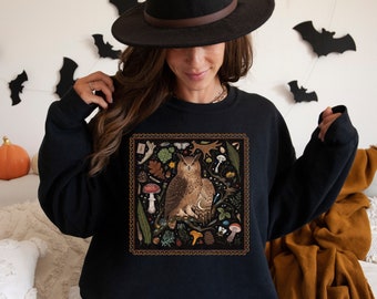 MYSTICAL OWL Sweatshirt, Forestcore Shirt with Owl Mushrooms Fern & Moth design, Woodland Sweatshirt, Witchy Shirt, Dark Cottagecore Sweater