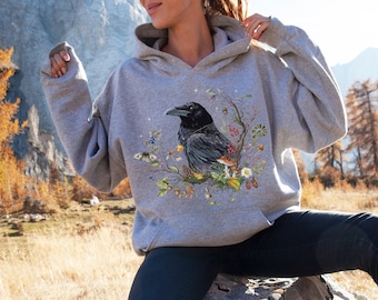 Sudadera con capucha RAVEN, sudadera con capucha BLACK CROW, jersey con capucha Cottagecore, sudadera con capucha de bruja, camisa de observación de aves, sudadera con capucha de pájaro del bosque místico