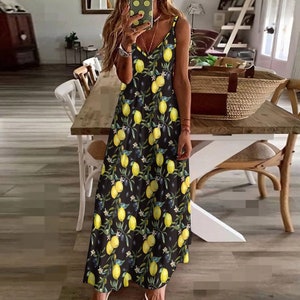 Lemons & Olives Summer Dress, Portuguese Sling Dress, Ankle Length Sundress, Mediterranean Maxi Dress, Italy inspired Vacation Sun Dress
