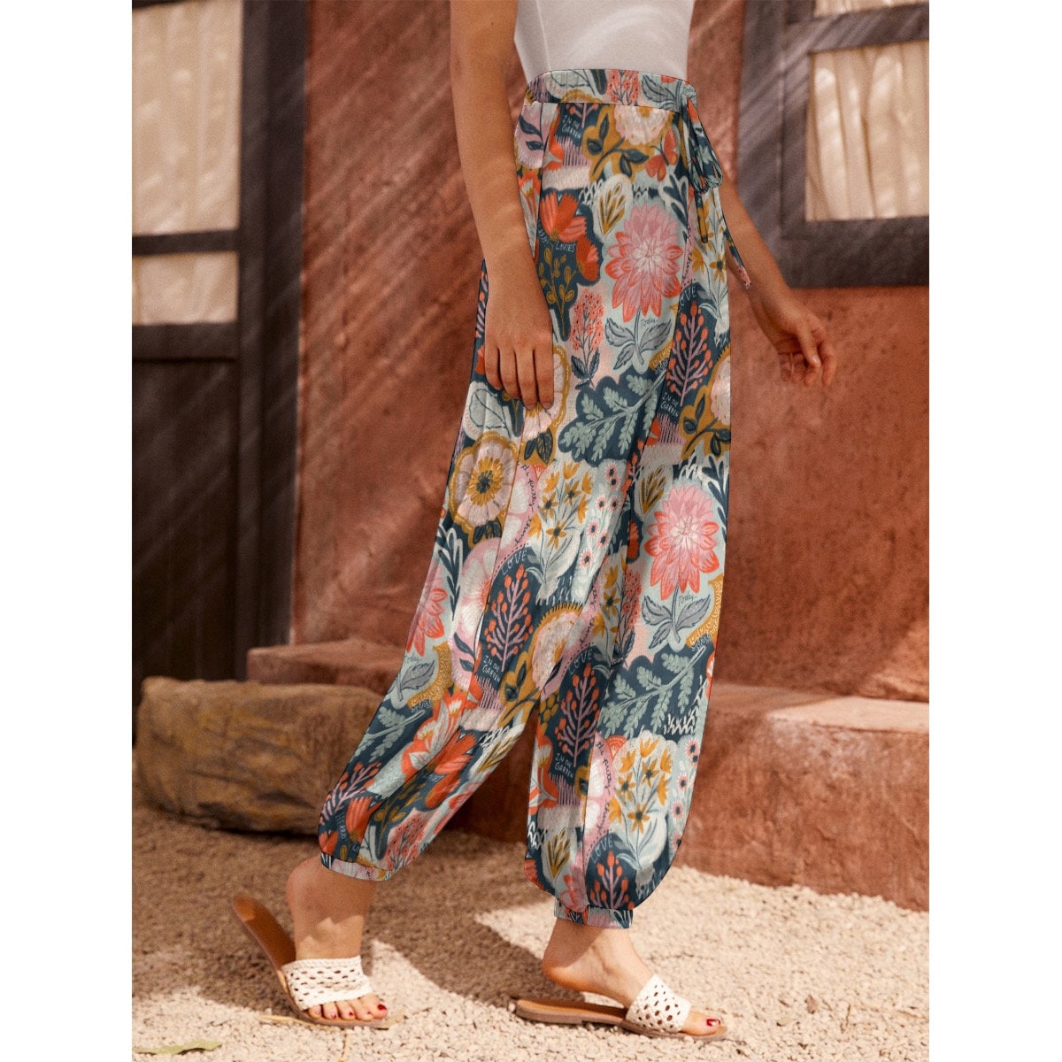 BOHO FLOWERS Carrot Pants, Floral Relaxed Summer Pants, Casual
