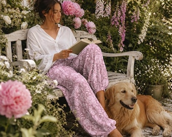 Pink Florals Carrot Pants, Boho Flowers Relaxed Pants, Purple Casual Loose Boho Trousers, High-waisted Wide-leg Pants, Loungewear Clothing