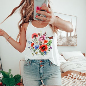 POPPIES BOUQUET Racerback Tank Top, WILDFLOWERS Tee, Cottagecore Shirt, Nature Inspired Floral Tee, Botanical Summer Tank top, Gardening Tee