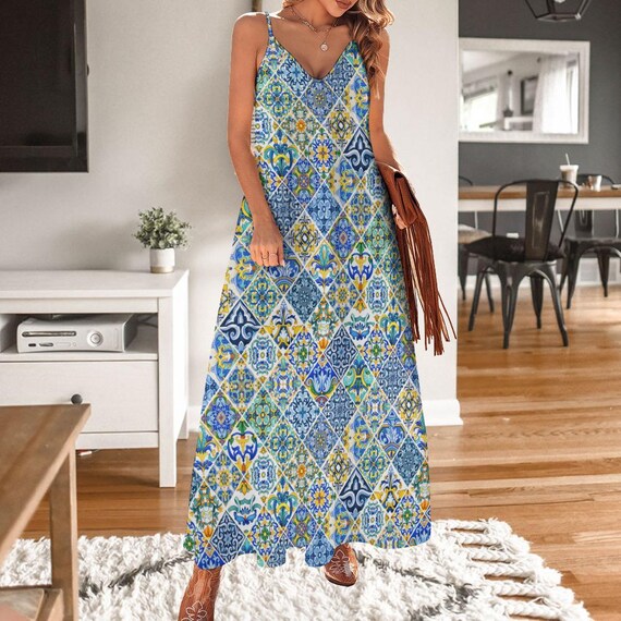 ありさ　新品　サラマリカTILE PATTERN DRESS Colorful Italian Mosaic Tiles Sling Dress, Mediterranean Ankle