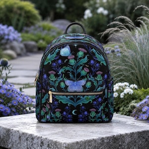 MAGICAL Blue MOTH & THISTLE Small Backpack, Mystical Moth Backpack, Floral Butterfy Bag, Fairycore Vegan Leather Backpack, Dark Cottagecore