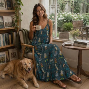 CUTE DOGS Sling Dress, Rain Puppies Ankle Length Sling Dress, Garden Party Style Maxi Dress, Cottagecore Sundress, Dog Mama Gift, Fall Dress immagine 5