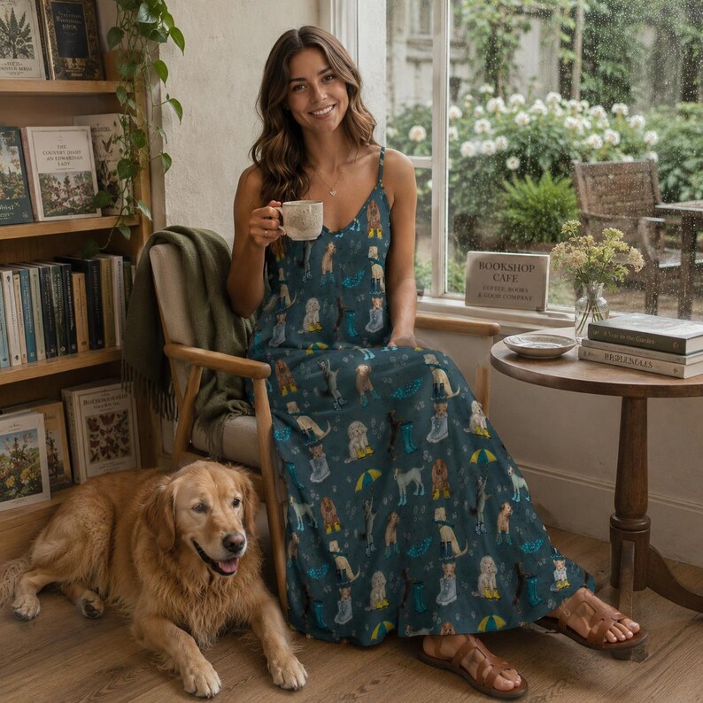 CUTE DOGS Sling Dress, Rain Puppies Ankle Length Sling Dress, Garden Party Style Maxi Dress, Cottagecore Sundress, Dog Mama Gift, Fall Dress immagine 5