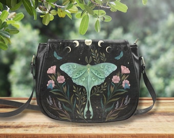 LUNA MOTH Crossbody Saddle Bag, Celestial Butterfly Shoulder Bag, Vegan Leather Bag, Cottagecore Crossbody Purse, Mystical Moth Clutch