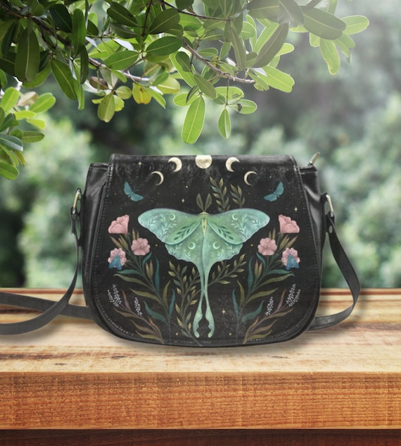 LUNA MOTH Crossbody Saddle Bag, Celestial Butterfly Shoulder Bag, Vegan Leather Bag, Cottagecore Crossbody Purse, Mystical Moth Clutch
