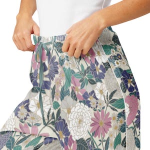 BOHO FLORAL Women’s Satin pajama pants, Pastel Flowers Loungewear pants, Sleepwear Bottom, Garden Party Style, Silk imitation Pajama pants