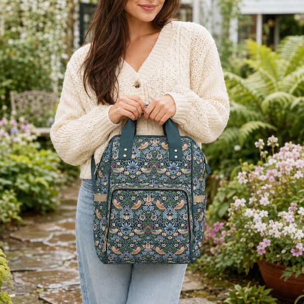 STRAWBERRY THIEF William MORRIS Cottagecore Aesthetic Diaper Backpack, Whimsical Flowers Birds Diaper Bag, Bohemian Garden Floral Backpack