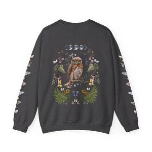 MYSTICAL WOODLAND Sweatshirt with Owl design on the back Frog on the front and Butterflies on Sleeves, Cottagecore Sweater for Nature Lovers Dark Heather