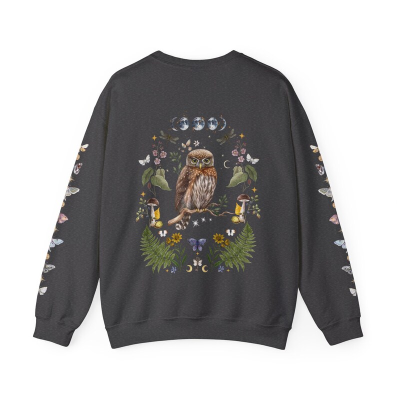 MYSTICAL WOODLAND Sweatshirt with Owl design on the back Frog on the front and Butterflies on Sleeves, Cottagecore Sweater for Nature Lovers Dark Heather