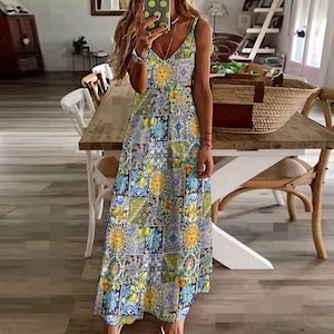 SICILIAN Style Summer Sundress, Italian Mosaic Tiles Sling Dress, Mediterranean Ankle Length Sundress, Majolica Sun Dress, Azulejos Sarafan