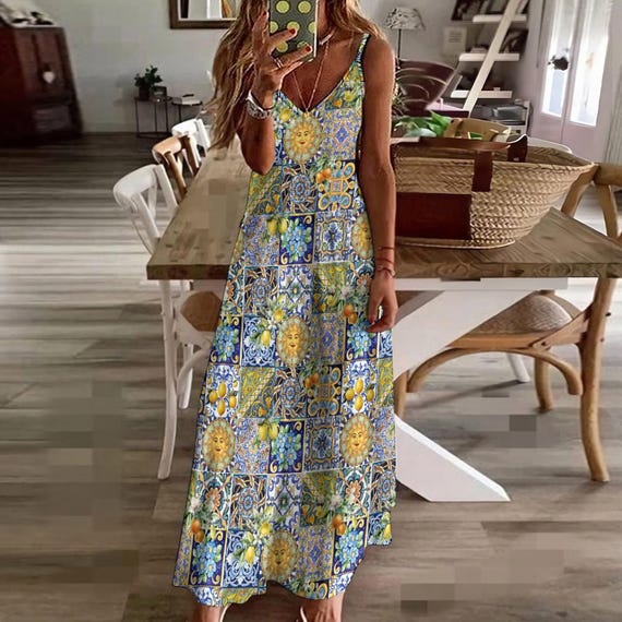 SICILIAN Style Summer Sundress, Italian Mosaic Tiles Sling Dress,  Mediterranean Ankle Length Sundress, Majolica Sun Dress, Azulejos Sarafan -  Etsy